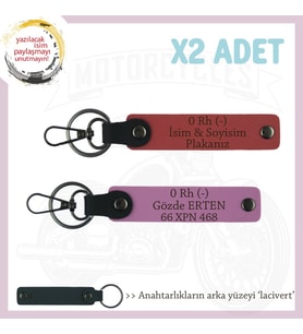 Tüm Sürücüler İçin Özel İsim Plaka ve 0 Rh (-) Kan Grubu Yazılı x2 Anahtarlık, Nar Çiçeği-Pembe-Laci (Çok Renkli)