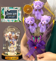 Kişiye Özel Led Işıklı Fanus ve Mor Peluş Ayıcık Buketi - Premium Hediye Seti (Model 2)