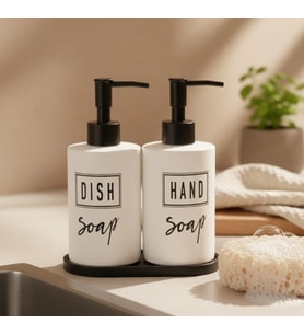 beyaz siyah yazılı Cam Sıvı Sabunluk İkili Standlı HAND&DİSH yazılı