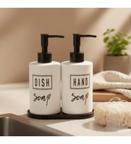 beyaz siyah yazılı Cam Sıvı Sabunluk İkili Standlı HAND&DİSH yazılı