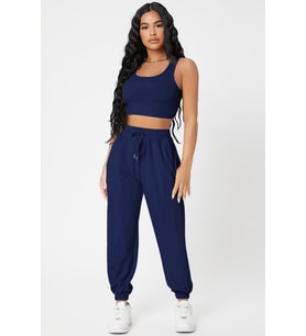 Kadın Lacivert Kaşkorse Cepli Jogger Eşofman Altı ve Crop Top Bluz