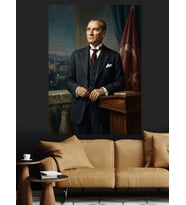Kürsüde Takım Elbiseli Atatürk Dekoratif Kanvas - Mdf Ahşap Tablo