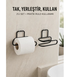 2’li Duvara Yapışkanlı Tuvalet Kağıtlığı Siyah Metal Pratik Rulo Tutucu
