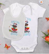 BK Kids Babasının Balıkçı Arkadaşı Tasarımlı Bebek Body Zıbın ve Mama Önlüğü Hediye Seti - Model 1