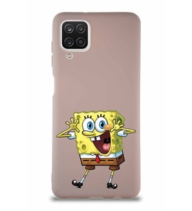 Samsung Galaxy A12 Soft Premier Kapak Sünger Bob Tasarımlı Silikon Kılıf - Pudra (Şeffaf)