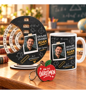 Kişiye Özel Fotoğraflı Matematik Öğretmeni 3'lü Hediye Seti - Sayıları Sevdiren Adam Sonsuz Takvim, Kupa Bardak ve Anahtarlık