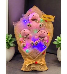 Sizlere Özel İsimli Pembe Ayıcıklar Buketi - Büyük Boy RENKLİ Led Işıklı Buket