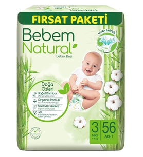 Bebem Bebek Bezi Natural Beden:3 (4-9Kg) Midi 56 Adet Fırsat Pk