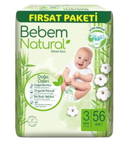 Bebem Bebek Bezi Natural Beden:3 (4-9Kg) Midi 56 Adet Fırsat Pk