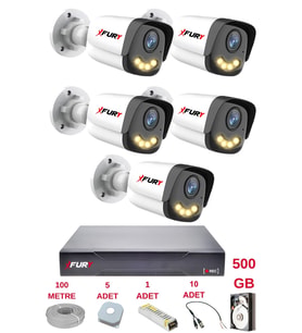 FURY 5 Kameralı 4 Warm Led Gece Renkli Görüş-Cepten İzle-Su Geçirmez Güvenlik Kamerası Seti 500GB