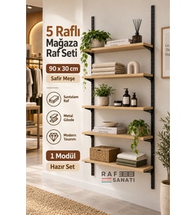 1 Modül 90x30 cm 5 Raflı Geniş Mağaza Duvar Rafı Konik Dikme Sistem Safir Meşe Suntalam