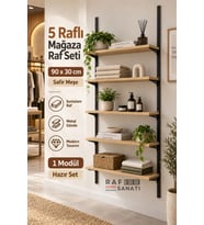 1 Modül 90x30 cm 5 Raflı Geniş Mağaza Duvar Rafı Konik Dikme Sistem Safir Meşe Suntalam