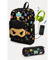 Coral High Kids Siyah Ninja Desenli USB'li 2'li Okul Çanta Seti - Erkek Çocuk