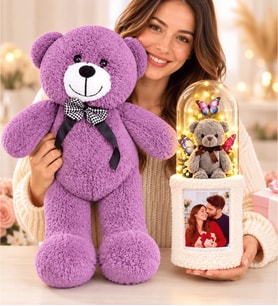 Kişiye Özel Fotoğraflı LED Fanuslu Ayıcık Buketi Büyük Mor Peluş Ayıcık Romantik Hediye
