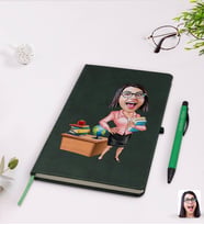 BK Gift Kişiye Özel Kadın Öğretmen Karikatürlü Yeşil Termo Deri Defter Kalem Seti Model 5