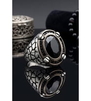 Siyah Zirkon Taşlı Oval Tasarım 925 Ayar Gümüş Erkek Yüzük 903121
