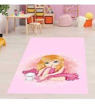 Prenses Desenli Dijital Baskılı Yıkanabilir Leke Tutmaz Kaymaz Taban Çocuk ve Bebek Odası Halısı (Pembe)