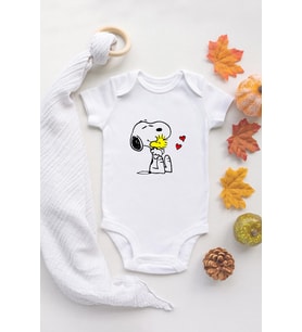 Unisex Bebek Snoopy Organik Baskılı Pamuklu Beyaz Çıtçıtlı Body Zıbın
