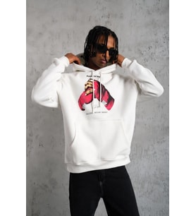 Erkek Kapüşonlu Cepli Boks Eldiven Baskılı 3 İplik Sweatshirt Hoodie - Beyaz