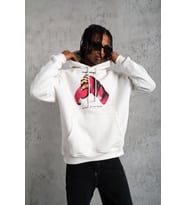 Erkek Kapüşonlu Cepli Boks Eldiven Baskılı 3 İplik Sweatshirt Hoodie - Beyaz