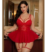 Intive Curvy Kırmızı Jartiyerli Volanlı Etekli Göğsü Dantelli Büyük Beden Mini Gecelik