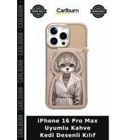 iPhone 16 Pro Max Uyumlu Kahve Kedi Desenli Kılıf Koruyucu Şık Hediyelik