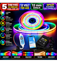5M 12V 12mm 720 Ledli İç Mekan Pixel Cob Led 5A Laptop Adaptör SP621 Bluetooth Pixel Kumandalı Set