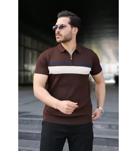 Erkek Örgü Desenli Renkli Kısa Kollu Triko Tişört (Acı Kahve)