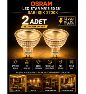 (2 Adet) Ledvance 12V AC/DC 6.1W (50W) 2700K (Sarı Işık) GU5.3 Duylu LED Çanak Ampul