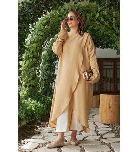 6394-Denim Parça Boya Standart  Tunik Bej