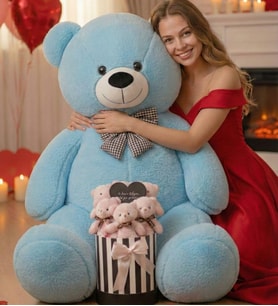 Sevgiliye Özel 90 CM Peluş Ayı & Aynalı Mesajlı Pembe Silindir Ayıcık Buketi  Romantik Sevgiliye Hediye Buket (Açık Mavi)