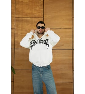 Erkek Kapüşonlu Sweatshirt Hoodie 3 İplik Şardonlu Pamuklu Kumaş, Önü Baskılı, Fermuarlı Rahat Kalıp, Kışlık Ve Sokak Stili Sweat - Beyaz