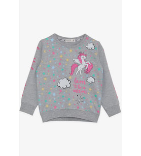 Breeze Kız Çocuk Sweatshirt Unicorn Baskılı 2-6 Yaş, Gri Melanj