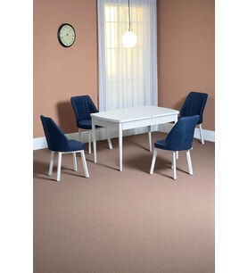 Florn Beyaz 80 x 132 Açılabilen MDF Masa Metal Ayaklı Mutfak Masası Takımı 4 Lacivert Sandalye
