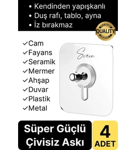 4 Adet Süper Güçlü Kendinden Yapışkanlı Tutunabilen Çok Amaçlı Çerçeve Tablo Banyo Duş Mutfak Askı