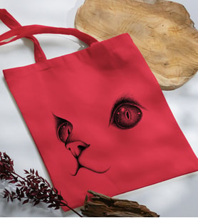 BK Gift Kedi Tasarımlı Kırmızı Kumaş Bez Çanta, Baskılı Omuz Çantası, Alışveriş Çantası, Arkadaşa Hediye-1