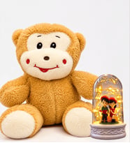 LED Işıklı Oturan Çiftli Fanus ve Sevimli Mutlu Peluş Maymun Hediye Seti