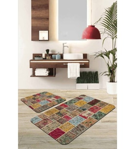 Renkli Patchwork Banyo Halısı Klozet 2'li Paspas Seti BS293