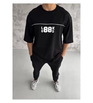 Unisex Bisiklet Yaka Baskılı Oversize T-Shirt - Siyah