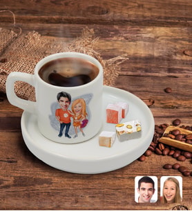BK Gift Kişiye Özel Sunum Tabaklı Sevgililer Karikatürlü Türk Kahvesi Fincanı Model 54