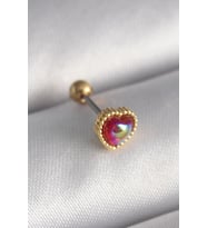 316L Çelik Gold Renk Kırmızı Mineli Kalp Tragus Piercing 5886 - HPSBYI7121-2884