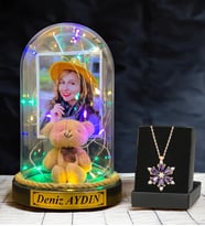 Size Özel Renkli Led Işıklı Fanus ve Gerçek Ametist Taşlı Lotus Kolye - Premium Hediye Seti (Model 9)