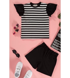 Çizgili Volanlı Kol Tshirt Şort Siyah Takım