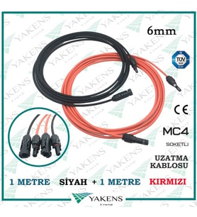 Güneş Paneli Uzatma Kablosu (1m+1m) 2 Metre 6mm Çift Taraflı Hazır Soketli Solar Ara Kablo Siyah Kırmızı (Siyah-Kırmızı)