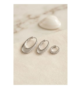 Mey İthalat® Gümüş Renk Oval Halka Model Zirkon Taşlı 3 lü Küpe Set