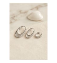 Mey İthalat® Gümüş Renk Oval Halka Model Zirkon Taşlı 3 lü Küpe Set