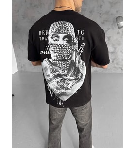 Erkek Kısa Kol Tişört Bisiklet Yaka Filistin Poşulu Baskılı T-Shirt - Siyah
