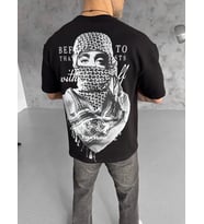 Erkek Kısa Kol Tişört Bisiklet Yaka Filistin Poşulu Baskılı T-Shirt - Siyah
