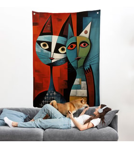 Pablo Picasso Tarzı - Soyut Renkli Kedi Duvar Örtüsü-7370