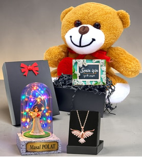 Kişiye Özel Premium Hediye Seti, Melekli Renkli Led Işıklı Fanus & Anka Kuşu